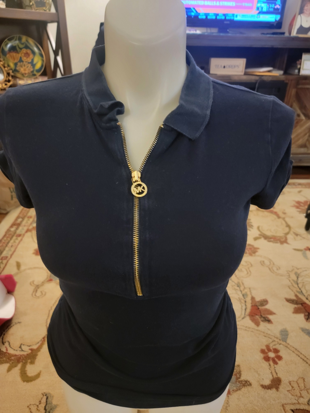 Michael Kors Navy Zip Polo Short Sleeve Tee with Gold MK Pull